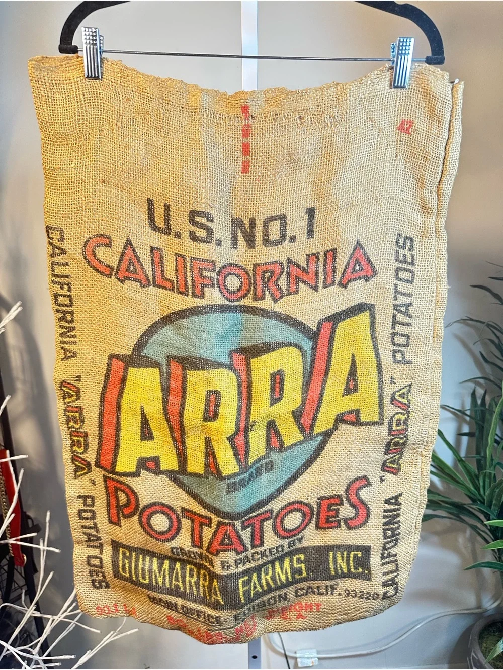 A4. ARRA Potatoes Burlap Sack Wall Hanging - Yellow Red Blue